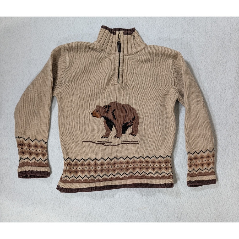 Harry & Me Kids Size 6 Bear Intarsia 1/4 Zip Cotton Knit Sweater Tan Brown